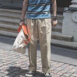 Non Stock BEST SELLERS 1930s IVY Style Double Pleated Chino Trousers - Khaki