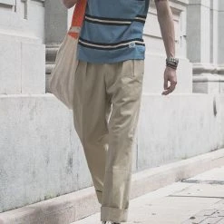 Non Stock BEST SELLERS 1930s IVY Style Double Pleated Chino Trousers - Khaki