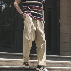 Non Stock BEST SELLERS 1930s IVY Style Double Pleated Chino Trousers - Khaki