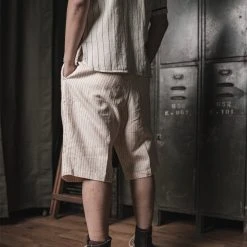 Non Stock Loose Double Pleated Striped 10.5 Oz Linen Shorts