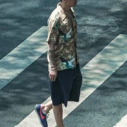 Non Stock Ukiyo-e Tiger & Crane Pattern Aloha Shirt - Khaiki