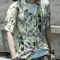 Non Stock Ukiyo-e Tiger & Bamboo Pattern Aloha Shirt - Light Green TOPS