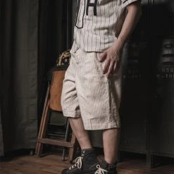 Non Stock Loose Double Pleated Striped 10.5 Oz Linen Shorts