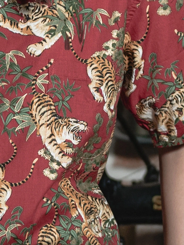 Bronson Lot AS08 Ukiyo-e Tiger & Bambo Pattern Aloha Shirt - Wine Red 3 Bronson Lot AS08 Ukiyo-e Tiger & Bambo Pattern Aloha Shirt - Wine Red