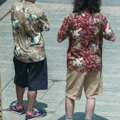 Non Stock Ukiyo-e Tiger & Crane Pattern Aloha Shirt - Khaiki