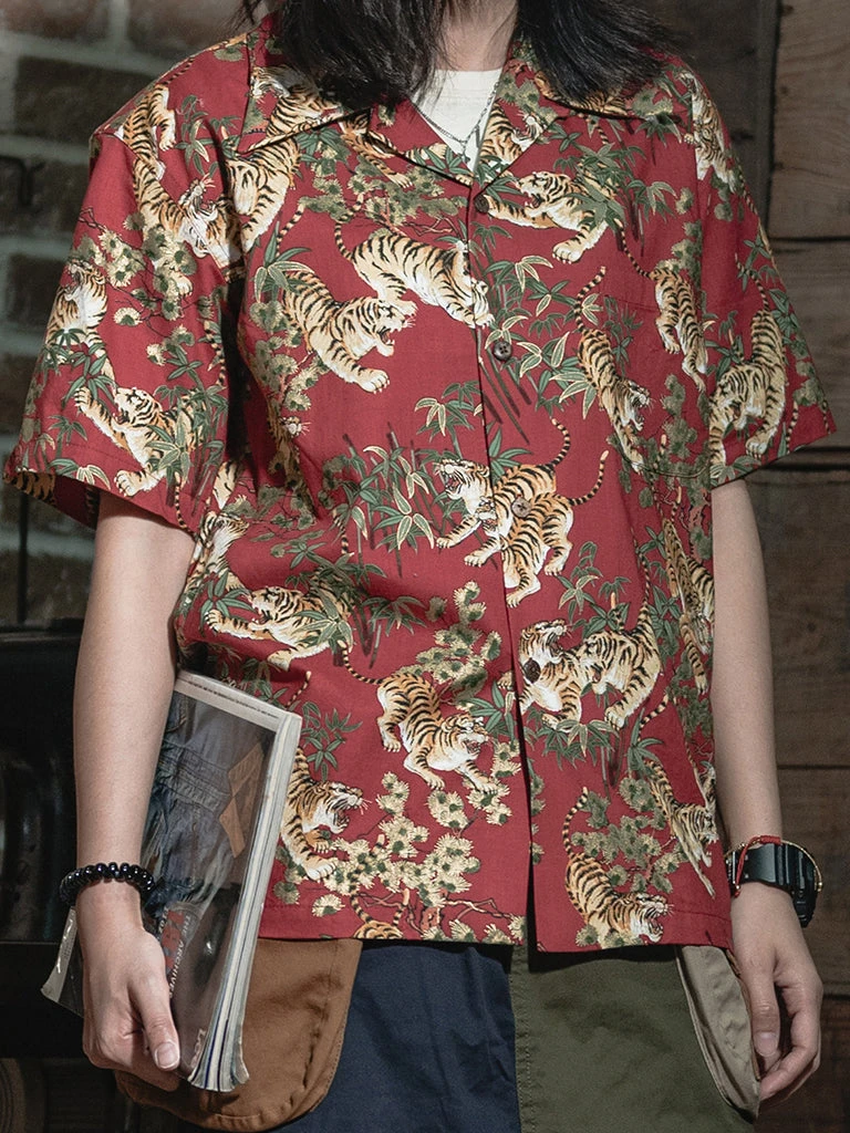 Bronson Lot AS08 Ukiyo-e Tiger & Bambo Pattern Aloha Shirt - Wine Red 5 Bronson Lot AS08 Ukiyo-e Tiger & Bambo Pattern Aloha Shirt - Wine Red