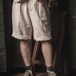 Non Stock Loose Double Pleated Striped 10.5 Oz Linen Shorts