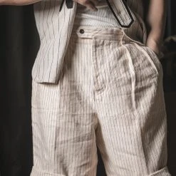 Non Stock Loose Double Pleated Striped 10.5 Oz Linen Shorts