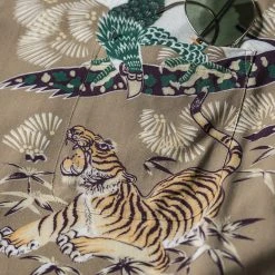 Non Stock Ukiyo-e Tiger & Crane Pattern Aloha Shirt - Khaiki
