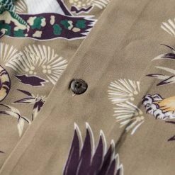 Non Stock Ukiyo-e Tiger & Crane Pattern Aloha Shirt - Khaiki