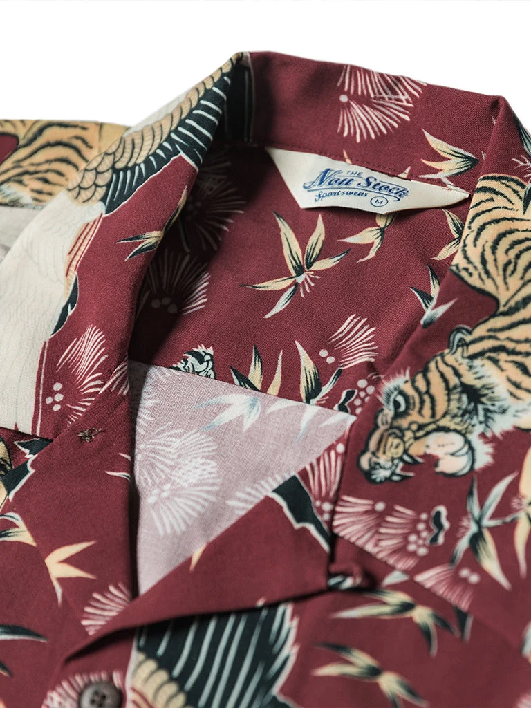 Non Stock Ukiyo-e Tiger & Crane Pattern Aloha Shirt - Wine Red TOPS 6 Non Stock Ukiyo-e Tiger & Crane Pattern Aloha Shirt - Wine Red TOPS