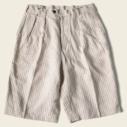 Non Stock Loose Double Pleated Striped 10.5 Oz Linen Shorts