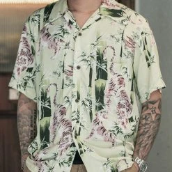 Non Stock Ukiyo-e Tiger & Bamboo Pattern Aloha Shirt - Light Green TOPS