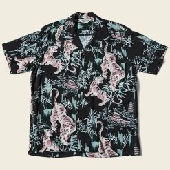 Non Stock Ukiyo-e Tiger & Bamboo Pattern Aloha Shirt - Black