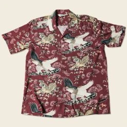 Non Stock Ukiyo-e Tiger & Crane Pattern Aloha Shirt - Wine Red TOPS
