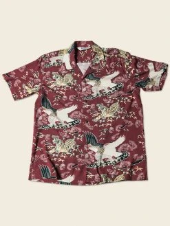 Non Stock Ukiyo-e Tiger & Crane Pattern Aloha Shirt - Wine Red TOPS