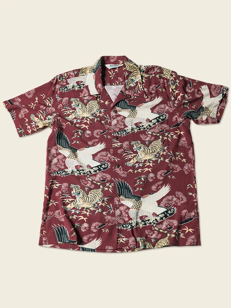 Non Stock Ukiyo-e Tiger & Crane Pattern Aloha Shirt - Wine Red TOPS 1 Non Stock Ukiyo-e Tiger & Crane Pattern Aloha Shirt - Wine Red TOPS