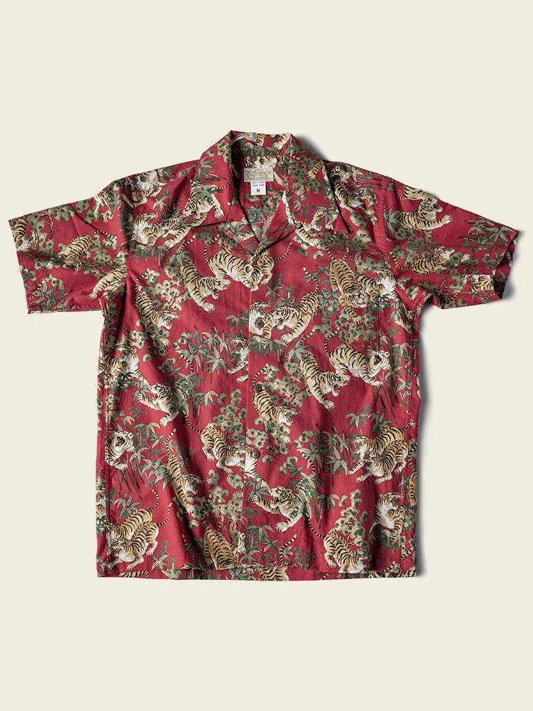 Bronson Lot AS08 Ukiyo-e Tiger & Bambo Pattern Aloha Shirt - Wine Red 1 Bronson Lot AS08 Ukiyo-e Tiger & Bambo Pattern Aloha Shirt - Wine Red