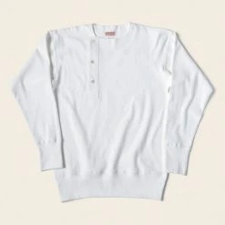 Bronson 14 Oz Side Closing Henley T-Shirt - White Long Sleeve T-Shirts