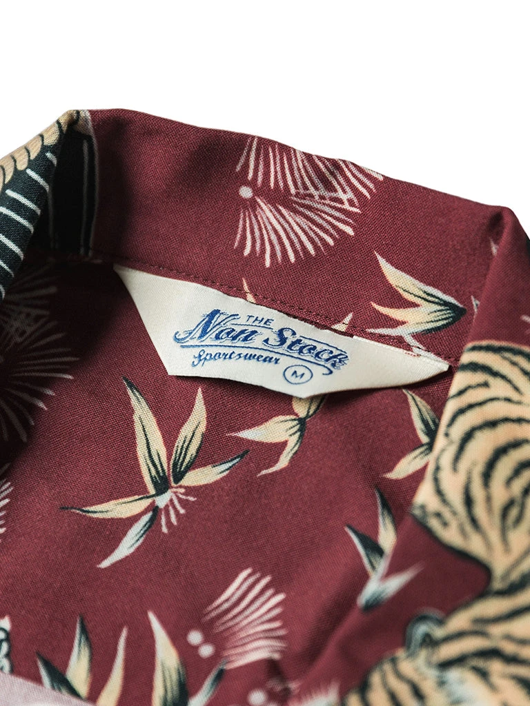 Non Stock Ukiyo-e Tiger & Crane Pattern Aloha Shirt - Wine Red TOPS 7 Non Stock Ukiyo-e Tiger & Crane Pattern Aloha Shirt - Wine Red TOPS