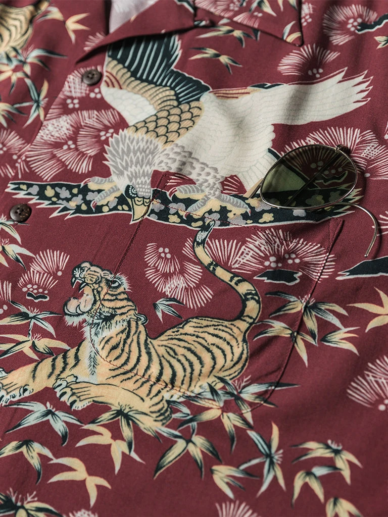 Non Stock Ukiyo-e Tiger & Crane Pattern Aloha Shirt - Wine Red TOPS 9 Non Stock Ukiyo-e Tiger & Crane Pattern Aloha Shirt - Wine Red TOPS