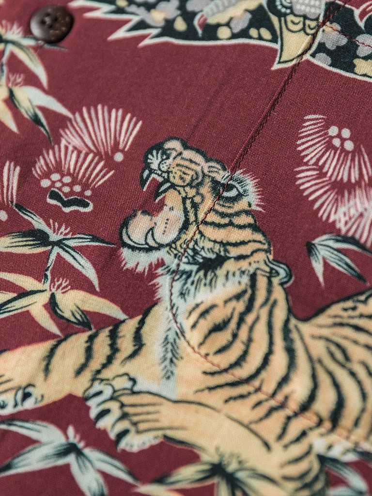 Non Stock Ukiyo-e Tiger & Crane Pattern Aloha Shirt - Wine Red TOPS 10 Non Stock Ukiyo-e Tiger & Crane Pattern Aloha Shirt - Wine Red TOPS