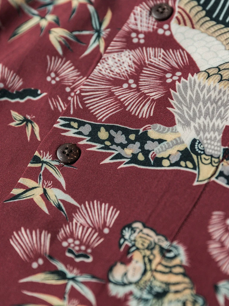 Non Stock Ukiyo-e Tiger & Crane Pattern Aloha Shirt - Wine Red TOPS 11 Non Stock Ukiyo-e Tiger & Crane Pattern Aloha Shirt - Wine Red TOPS