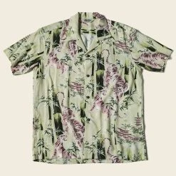 Non Stock Ukiyo-e Tiger & Bamboo Pattern Aloha Shirt - Light Green TOPS
