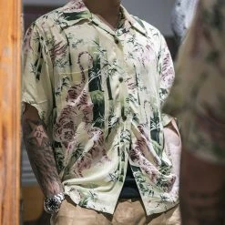 Non Stock Ukiyo-e Tiger & Bamboo Pattern Aloha Shirt - Light Green TOPS