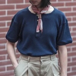 Bronson NEW ARRIVALS 11 Oz Vintage Ribbed Cotton Henley T-Shirt - Navy