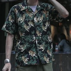 Bronson Lot AS08 Ukiyo-e Tiger & Bambo Pattern Aloha Shirt - Black Back In Stock