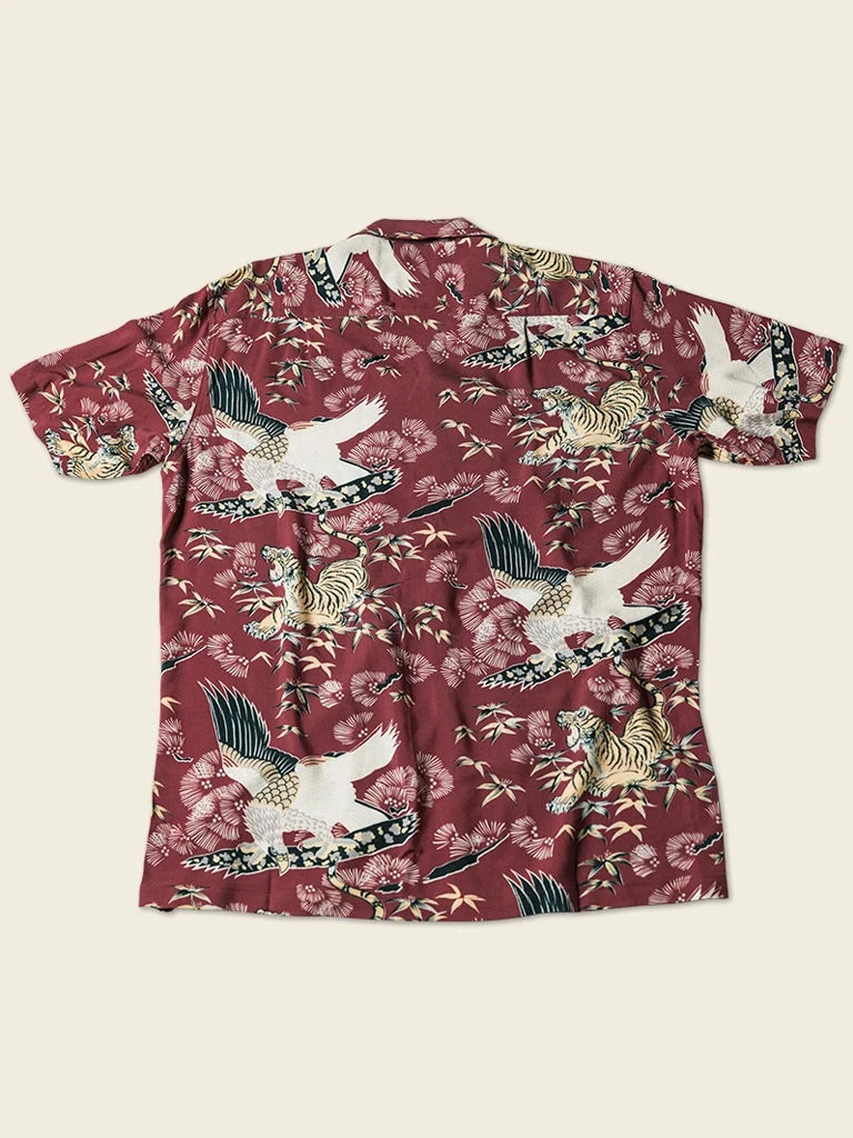 Non Stock Ukiyo-e Tiger & Crane Pattern Aloha Shirt - Wine Red TOPS 2 Non Stock Ukiyo-e Tiger & Crane Pattern Aloha Shirt - Wine Red TOPS