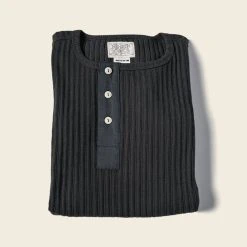 Bronson 11 Oz Vintage Ribbed Cotton Henley T-Shirt - Black