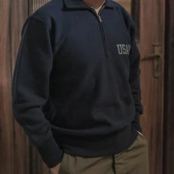 Non Stock 1950s USAFA Reverse Weave Half-Zip Sweatshirt - Navy