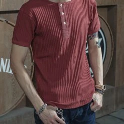 Bronson 11 Oz Vintage Ribbed Cotton Henley T-Shirt - Wine Red NEW ARRIVALS