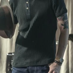 Bronson 11 Oz Vintage Ribbed Cotton Henley T-Shirt - Black