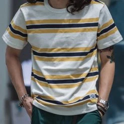 Non Stock 9.8 Oz IVY Style Striped T-Shirt - Maize/Blue TOPS