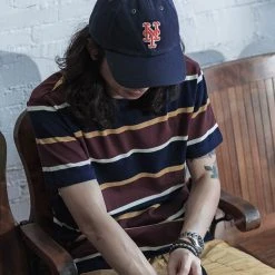 Non Stock 9.8 Oz IVY Style Striped T-Shirt - Burgundy Red/Navy TOPS