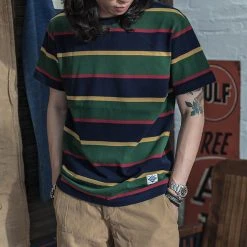 Non Stock TOPS 9.8 Oz IVY Style Striped T-Shirt - Navy/Green