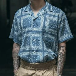 Non Stock Paisley Print Seersucker Open Collar Shirt - Sky Blue TOPS