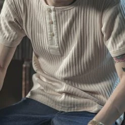 Bronson 11 Oz Vintage Ribbed Cotton Henley T-Shirt - Apricot