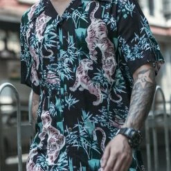 Non Stock Ukiyo-e Tiger & Bamboo Pattern Aloha Shirt - Black