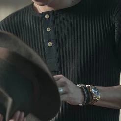 Bronson 11 Oz Vintage Ribbed Cotton Henley T-Shirt - Black