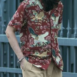Non Stock Ukiyo-e Tiger & Crane Pattern Aloha Shirt - Wine Red TOPS 15 Non Stock Ukiyo-e Tiger & Crane Pattern Aloha Shirt - Wine Red TOPS