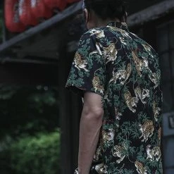 Bronson Lot AS08 Ukiyo-e Tiger & Bambo Pattern Aloha Shirt - Black Back In Stock