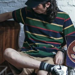 Non Stock TOPS 9.8 Oz IVY Style Striped T-Shirt - Navy/Green