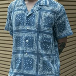 Non Stock Paisley Print Seersucker Open Collar Shirt - Sky Blue TOPS