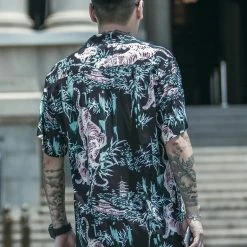 Non Stock Ukiyo-e Tiger & Bamboo Pattern Aloha Shirt - Black
