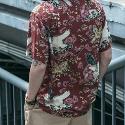 Non Stock Ukiyo-e Tiger & Crane Pattern Aloha Shirt - Wine Red TOPS 16 Non Stock Ukiyo-e Tiger & Crane Pattern Aloha Shirt - Wine Red TOPS