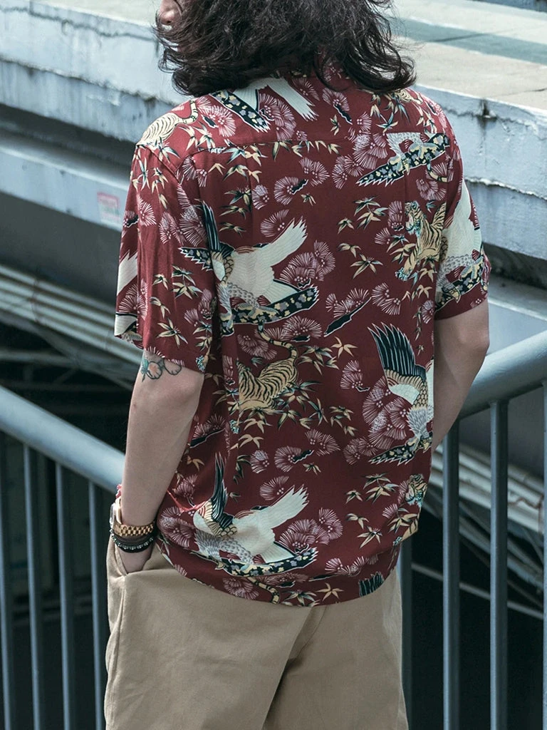 Non Stock Ukiyo-e Tiger & Crane Pattern Aloha Shirt - Wine Red TOPS 4 Non Stock Ukiyo-e Tiger & Crane Pattern Aloha Shirt - Wine Red TOPS